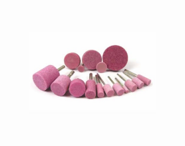 Assorted abrasive grinding stones with shanks for deburring and surface preparation on different materials.