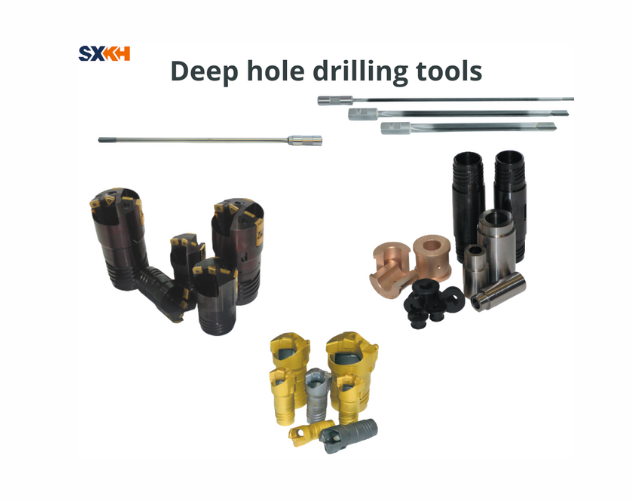 A collection of deep hole drilling tools, including drill bits and guides, for industrial drilling machines.