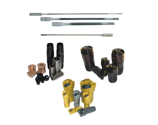 A collection of deep hole drilling tools, including drill bits and guides, for industrial drilling machines.