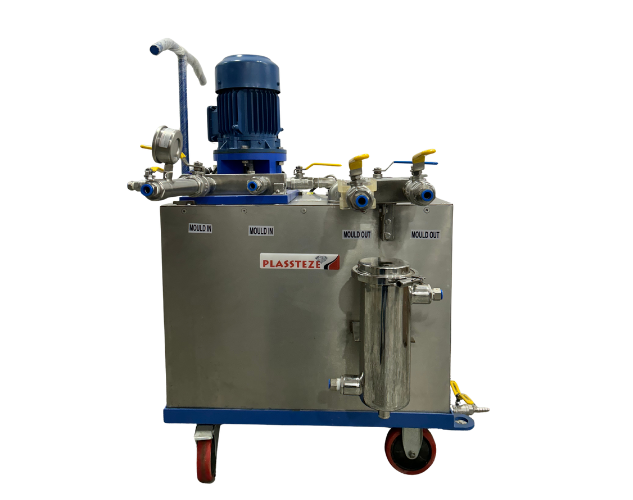 A descaling and flushing system for cleaning rust and scale from a mould's cooling circuits.