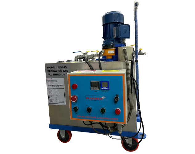 A descaling and flushing system for cleaning rust and scale from a mould's cooling circuits.