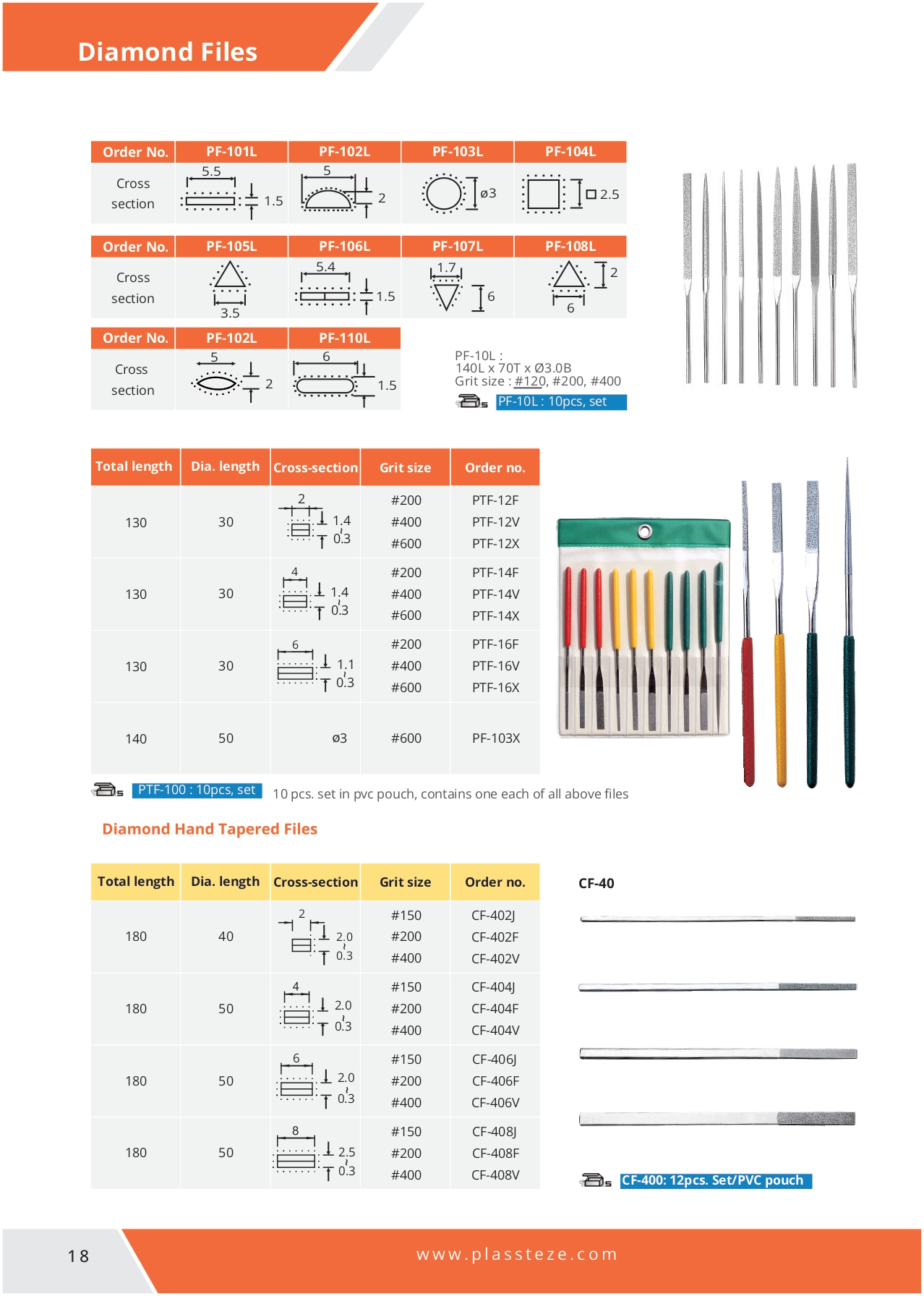 Industrial diamond files for precision grinding and honing, showing various cross-sections