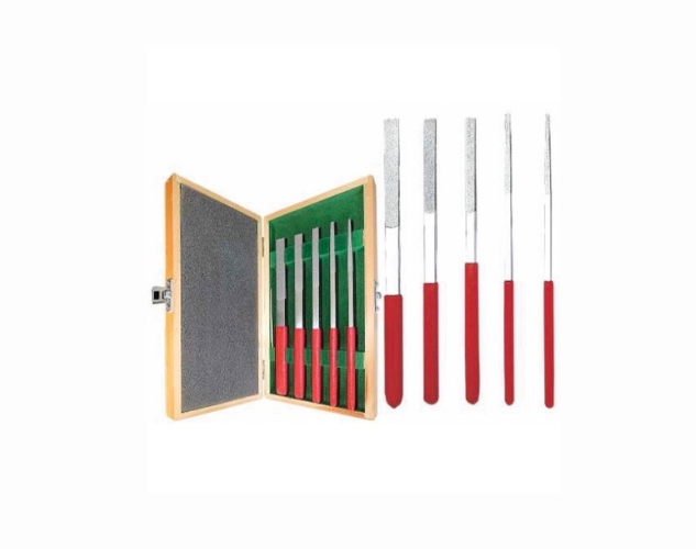Precision diamond files set in a wooden case, ideal for intricate shaping and deburring of hard materials.