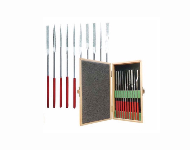 Assorted diamond files in various shapes and grits for mold and die finishing, displayed in organized cases
