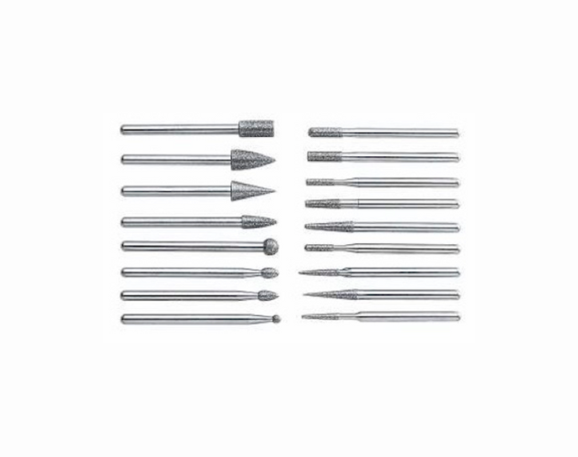 Diamond mounted points set for grinding and shaping, featuring various head shapes and grit sizes