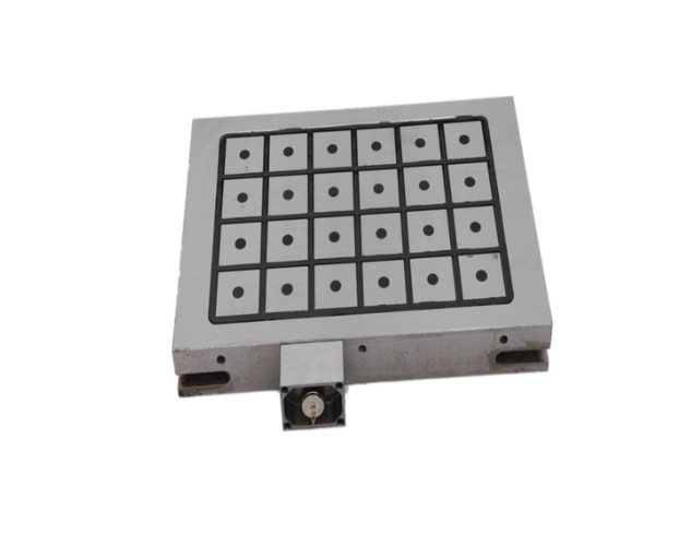 An electro permanent magnetic chuck designed to hold workpieces securely for milling machine applications.