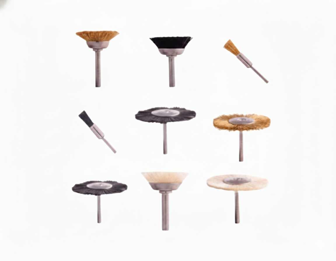 An assortment of polishing brushes and wheels, including cup, end, and wheel brushes with brass, nylon, and natural hair bristles for fine polishing.