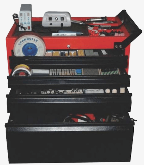 A red, multi-level polishing station with tools and accessories neatly organized for professional metal surface finishing