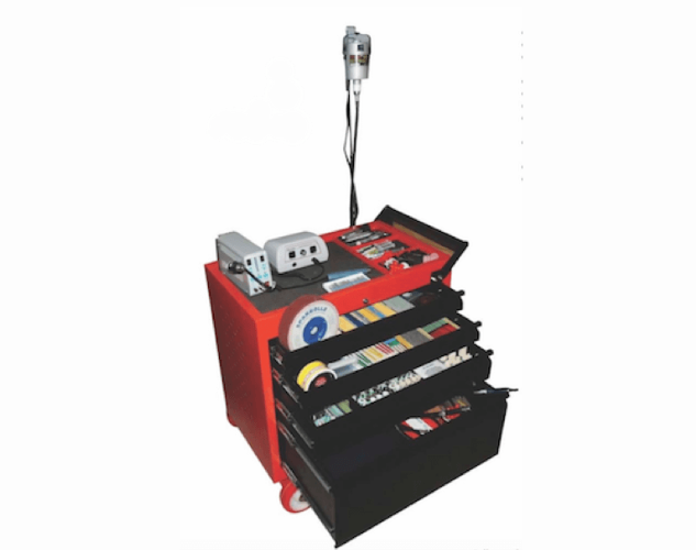 A complete polishing kit in a rugged, portable toolbox on wheels, containing all the tools needed for polishing dies and moulds