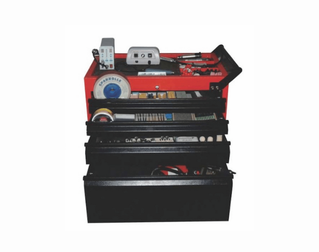 A complete polishing kit in a rugged, portable toolbox on wheels, containing all the tools needed for polishing dies and moulds