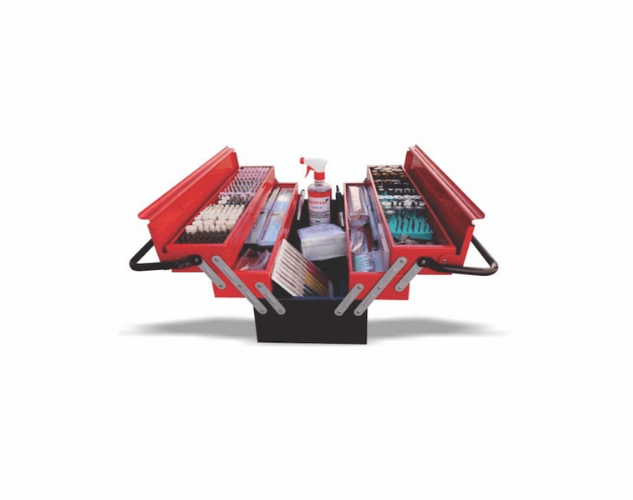 A complete polishing kit in a rugged, portable toolbox on wheels, containing all the tools needed for polishing dies and moulds