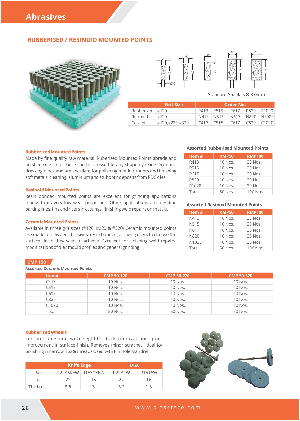 A tray of rubberised mounted points in a grid, used for abrading and polishing mold runners, soft metals, and stubborn deposits.
