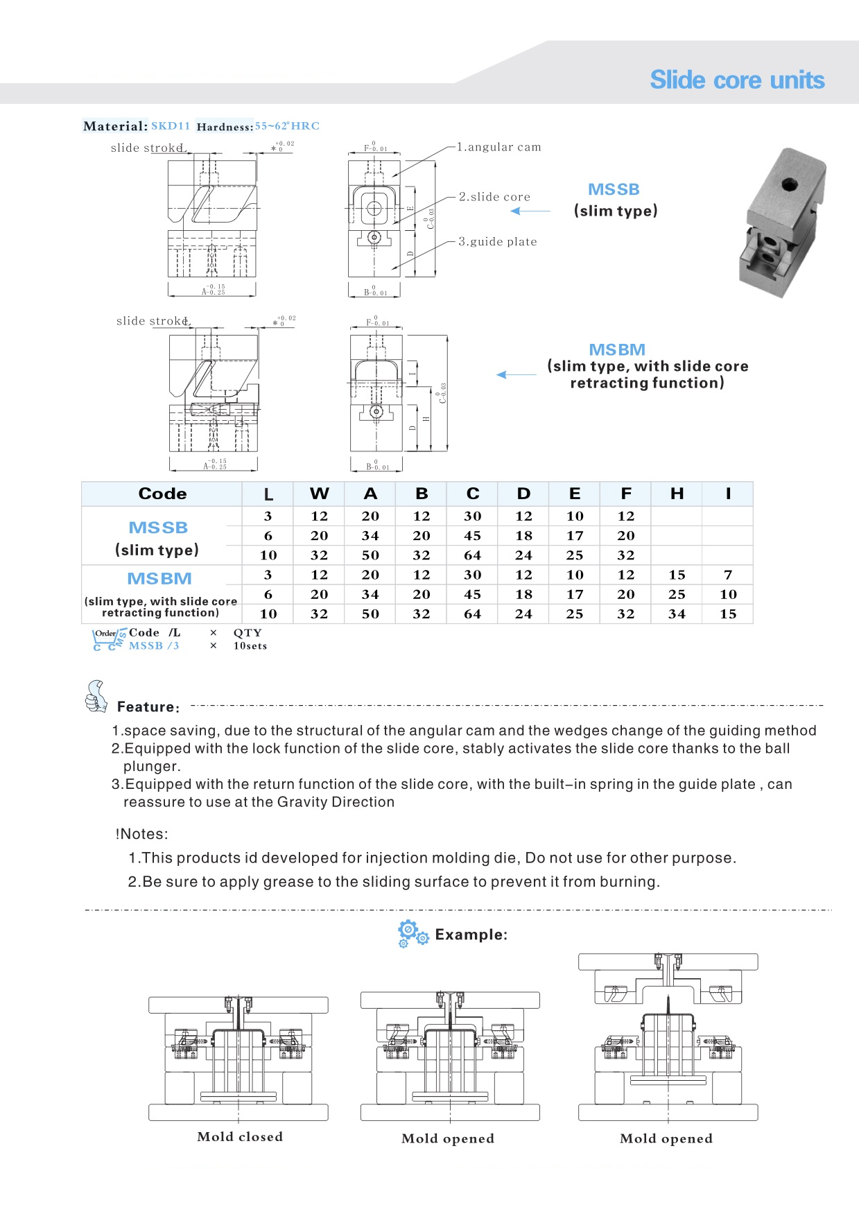 A range of slide core units for complex molding operations, shown with various dimensions