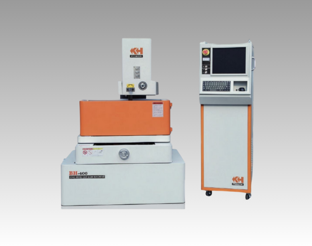 A CNC wirecut EDM machine for cutting complex shapes in conductive materials, shown with a wire spool and control panel