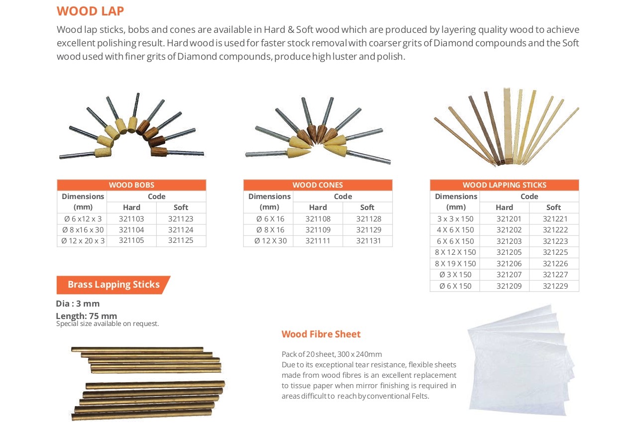 Hard and soft wood laps for stock removal and polishing to achieve a high luster finish, shown with a dimension chart.
